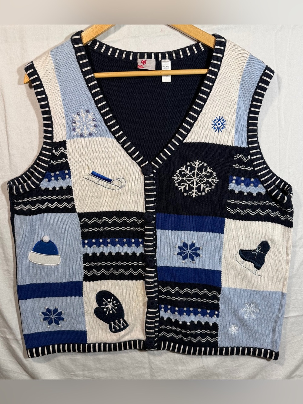 Holiday Editions Navy, Light Blue & White Patchwork Winter Cardigan Vest